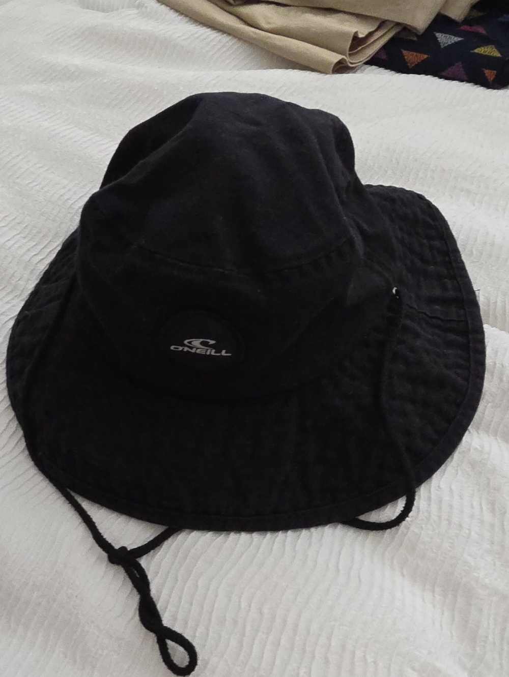O'Neill Black Bucket Hat with Chin Cord and Logo Patch
